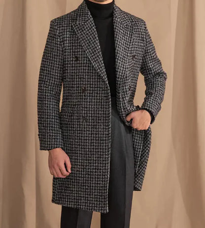 Wool Houndstooth Double-Breasted Coat