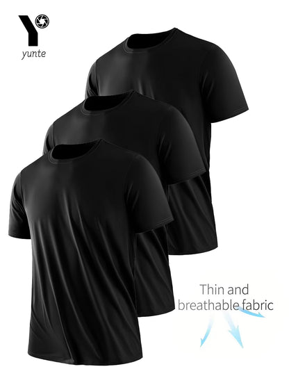 Round Neck T-Shirt 3-Piece Black Ultra-Light Men'S Quick-Drying Breathable Sweat-Absorbent Shirt Suitable for Fitness Gym and Ru