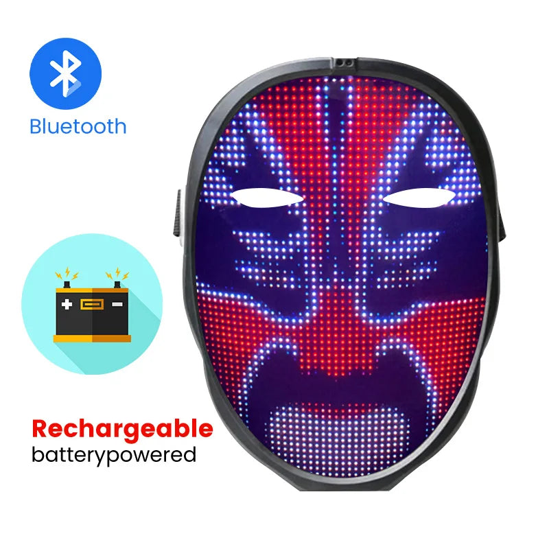 Led Cosplay Mask with Programmable Lighted Face Transforming Mask Rechargeable App Controlled Prop Hallowee Party Bluetooth Mask