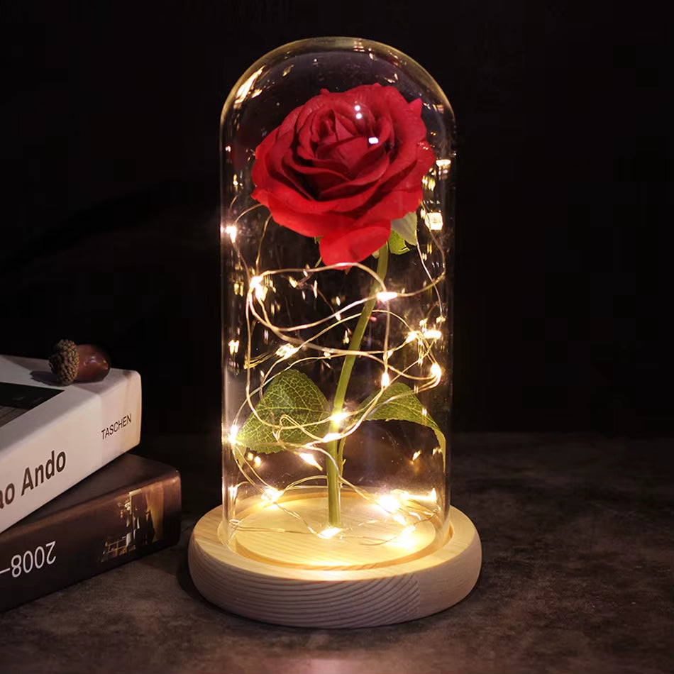 LED Enchanted Galaxy Rose Eternal 24K Gold Foil Flower with Fairy String Lights in Dome for Christmas Valentine'S Day Gift 2023