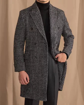 Wool Houndstooth Double-Breasted Coat