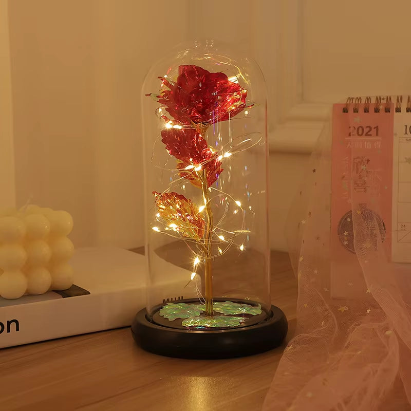 LED Enchanted Galaxy Rose Eternal 24K Gold Foil Flower with Fairy String Lights in Dome for Christmas Valentine'S Day Gift 2023