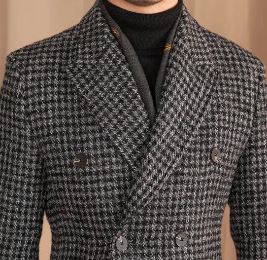 Wool Houndstooth Double-Breasted Coat