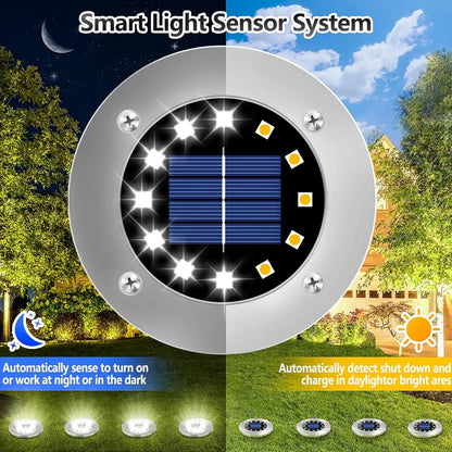 Solar Ground Lights Outdoor Decorations, 12LED Solar Garden Lights Waterproof, Solar Disk Lights for Yard, Pathway, Lawn, Patio